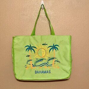 Bahamas embroidered large Tote Sun, Dolphins, Palm Trees Zipped Closure